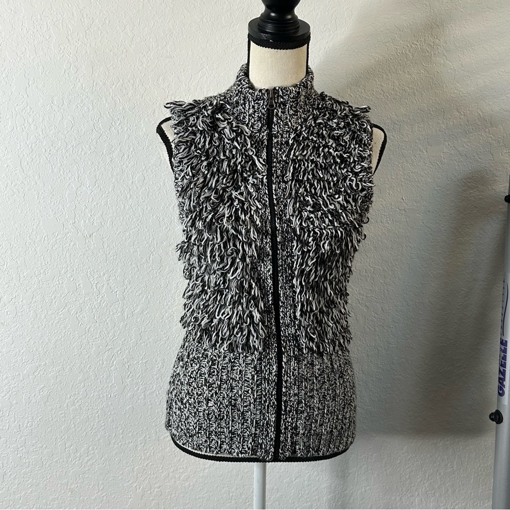 CACHE Black White Knit Sleeveless Full Zip Up Sweater Vest Mock Neck Size Small